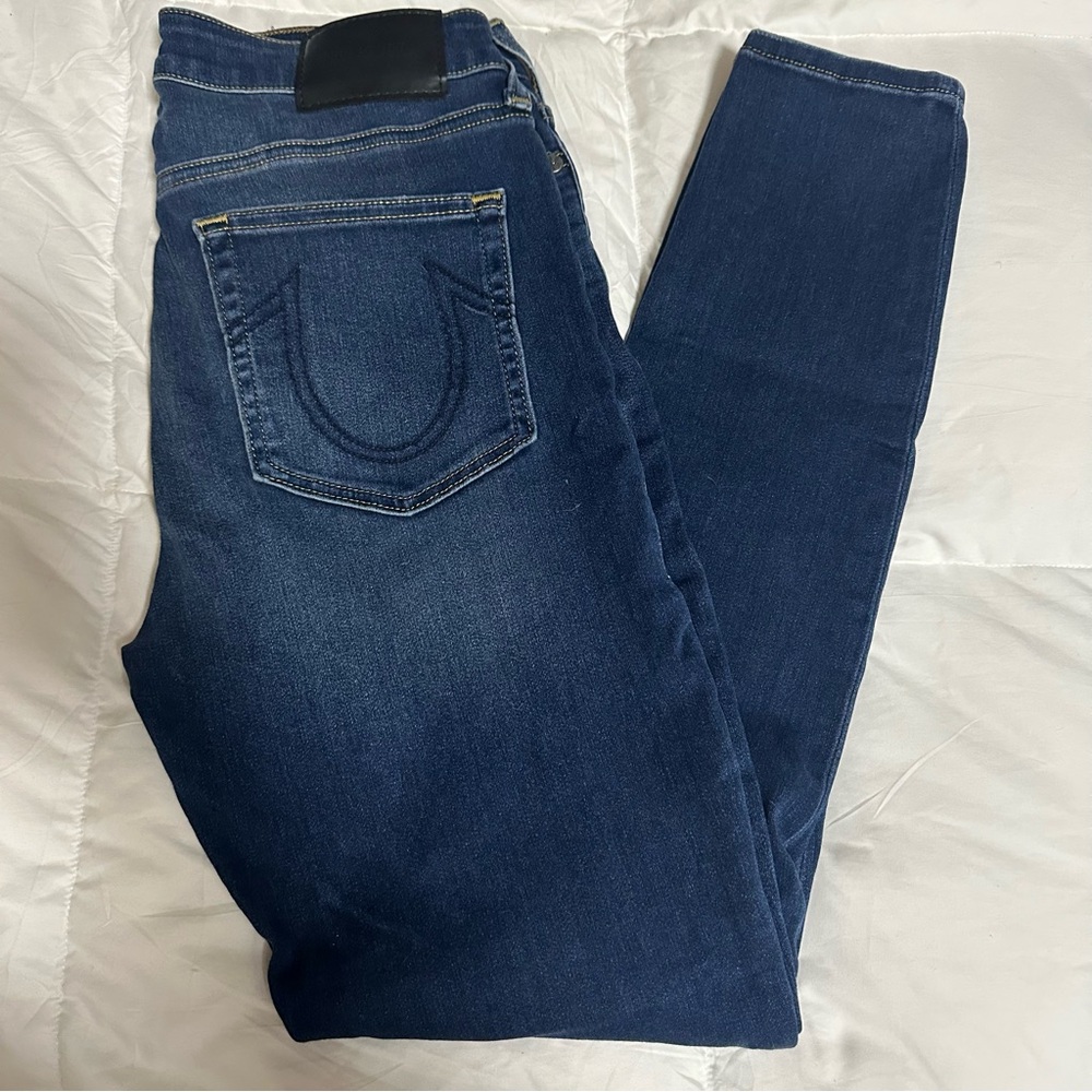 True Religion women’s Dark Blue Jeans with Black Patch mid rise skinny 30W